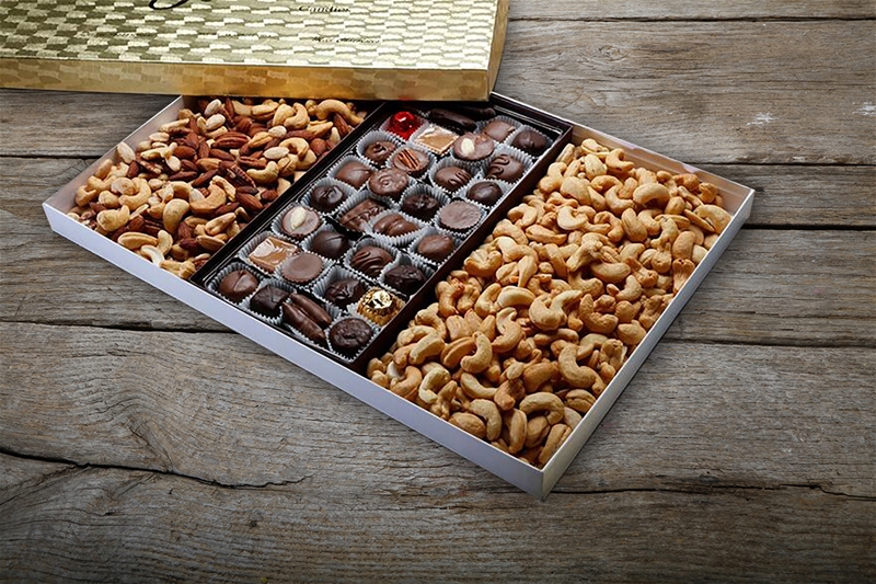 Triple Play Gold Gift Box - 3 lbs. - Cashews, Imperial Mix (Cashews, Almonds, Pecans), Milk and Dark Chocolates