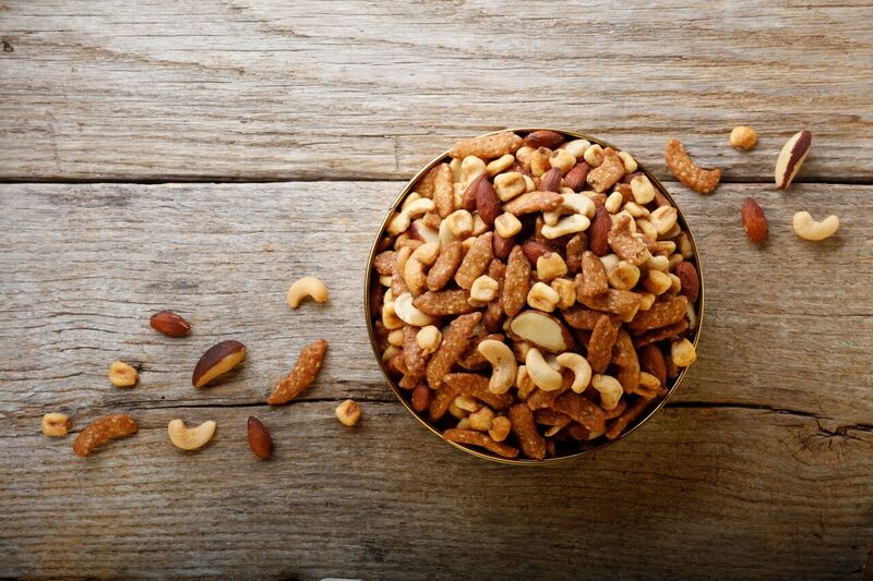 Crunchy Delite Gift Tin - 1.68 oz. - Brazil Nuts, Almonds, Jumbo Cashews, Corn Snack, Honey Roasted Sesame Sticks