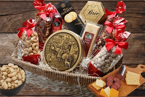 Treasure Trove -  5.5 lbs. - Grand Deluxe Holiday Basket - Assorted Gourmet Nuts, Dark Chocolates, Trail Mix, Sausage, Crackers, Cheeses&#128525;