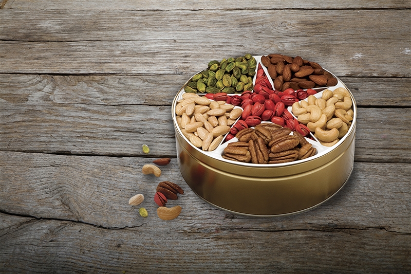 Holiday Star Gift Tin - 2.6 lbs. - Red Pistachios, Colossal Jumbo Cashews, Pecans, Almonds, Shelled Pistachios.