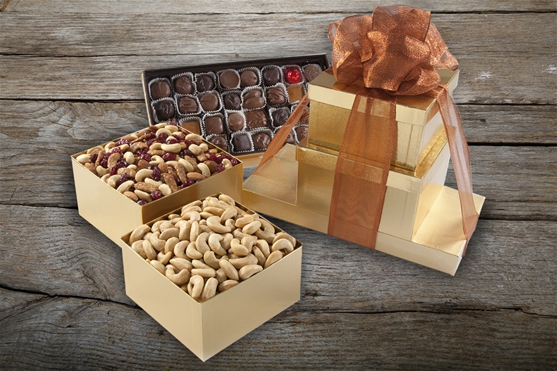 Golden Tower Gift Boxes - 2.06 lbs. - Jumbo Cashews, Cranberry Nut Mix, Assorted Milk &amp; Dark Chocolates