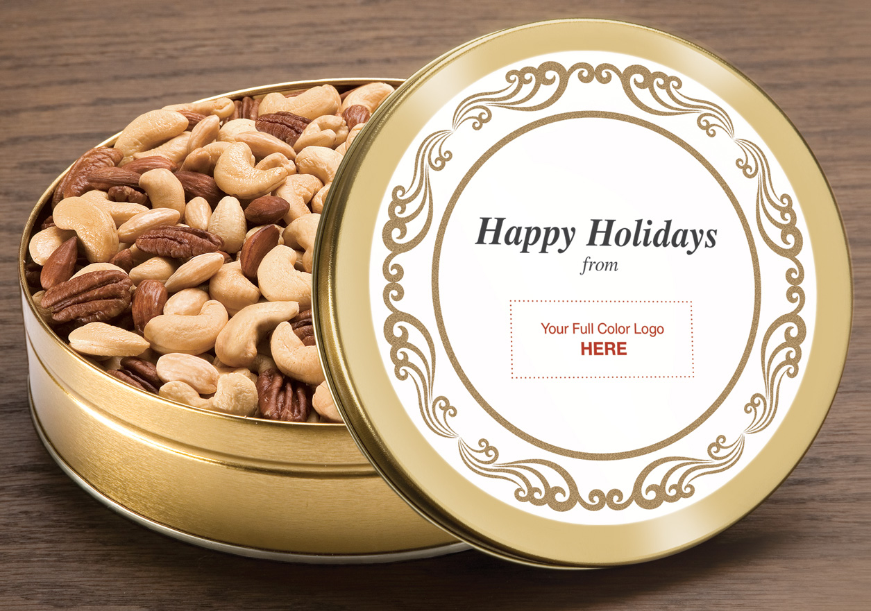 YOUR LOGO Make It Personal - Imperial Mix Gift Tin - 2 lbs. (minimum order  25 units) - Jumbo Cashews, XL Pecans, Almonds